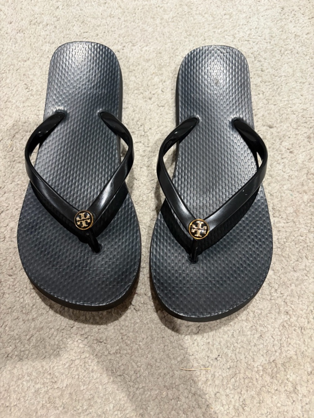 Tory Burch Black Flip Flop Sandals with Gold Logo, Women’s Size 7.5